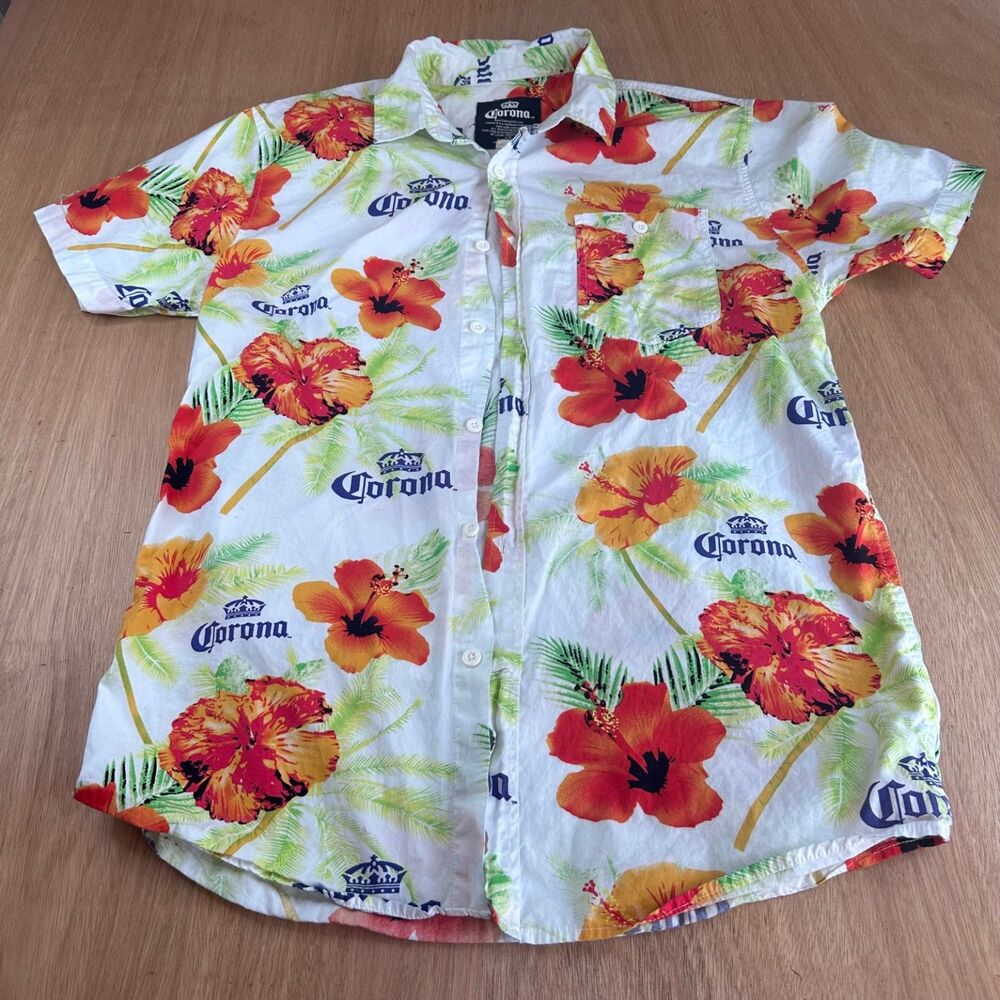 Corona Beer Hawaiian Shirt Large Short Sleeve Floral Button Front Party